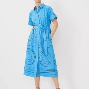 Ann Taylor Eyelet Midi Dress Women's 12P Blue Belt Resort Preppy Cottage NWT
